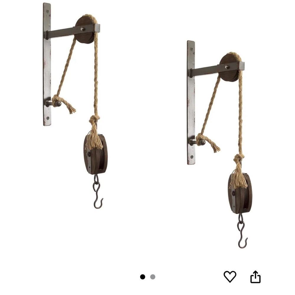 Pulley Mounting Brackets With Hook Rustic Vintage Inspired Metal Wood Twine Set - Picture 1 of 10